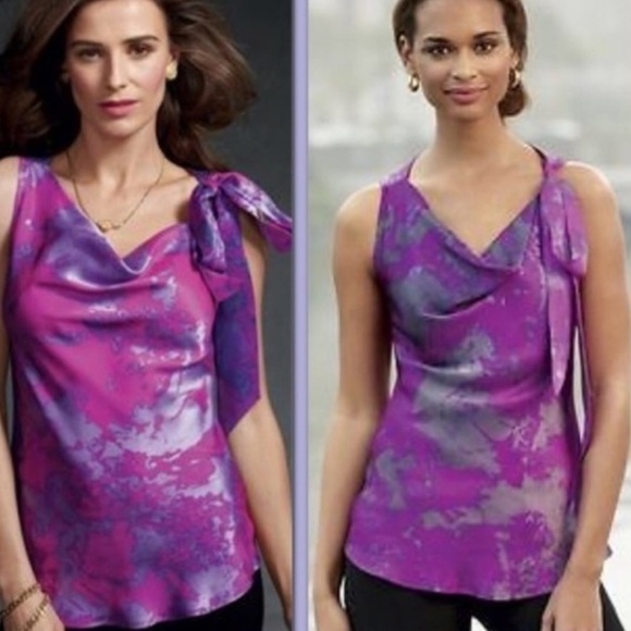 Cabi ‘Fit to Be Dyed’ Silk Magenta and Purple Tie Neck Blouse - Picture 3 of 10